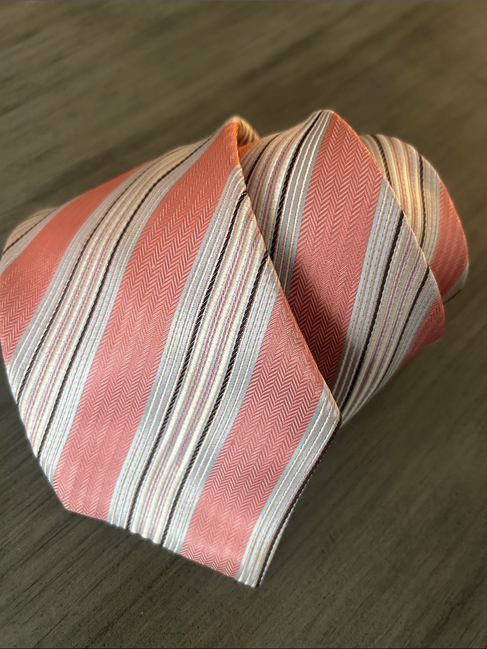 Canali Coral and Cream Striped Silk Tie
